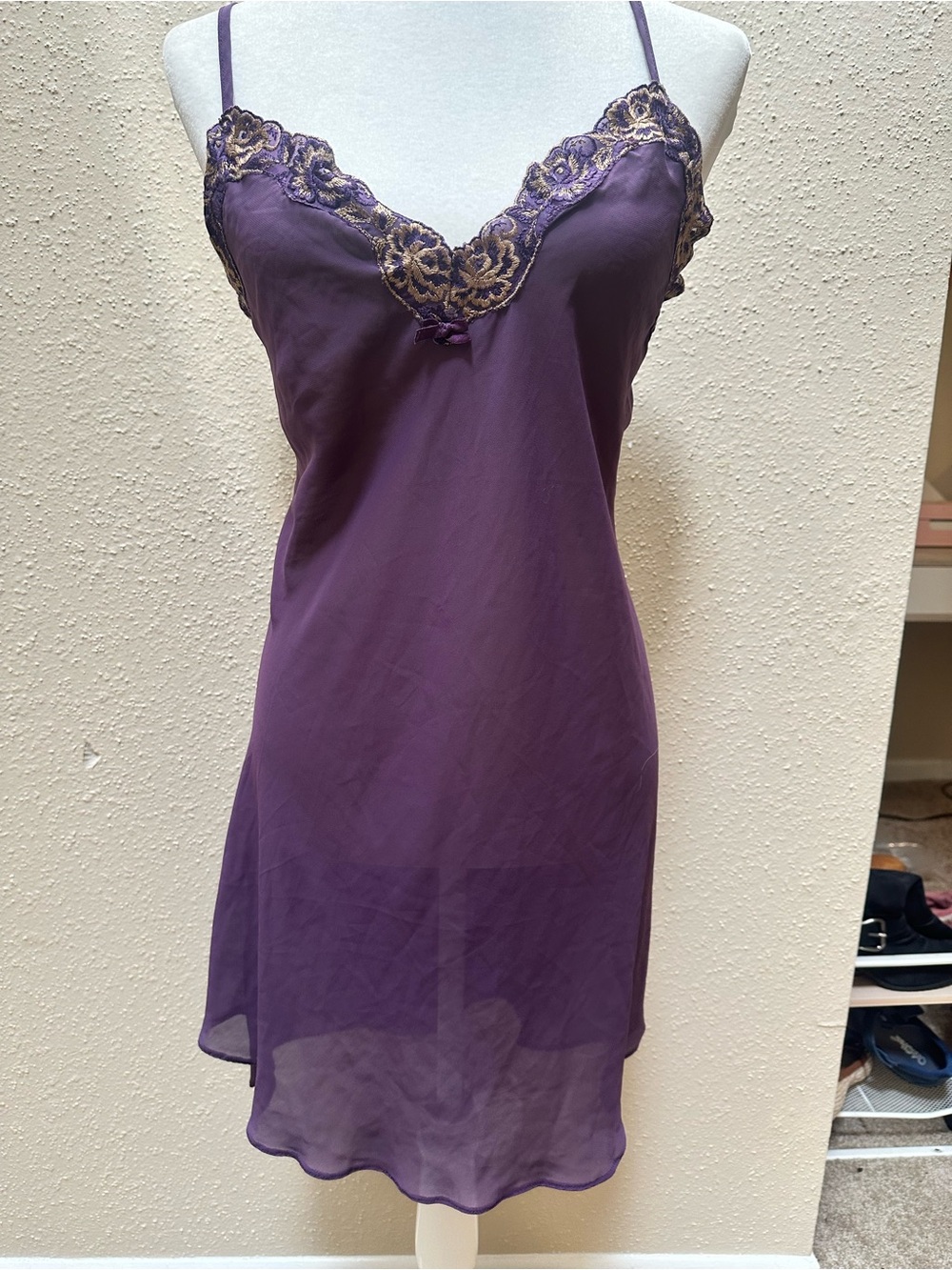 VTG Mini Short Slip Dress Chemise Sheer Purple Gold Floral Embroidered Lace Sz L